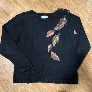 Small black hand embroidered sweater fall leaves button shoulder ramie cotton